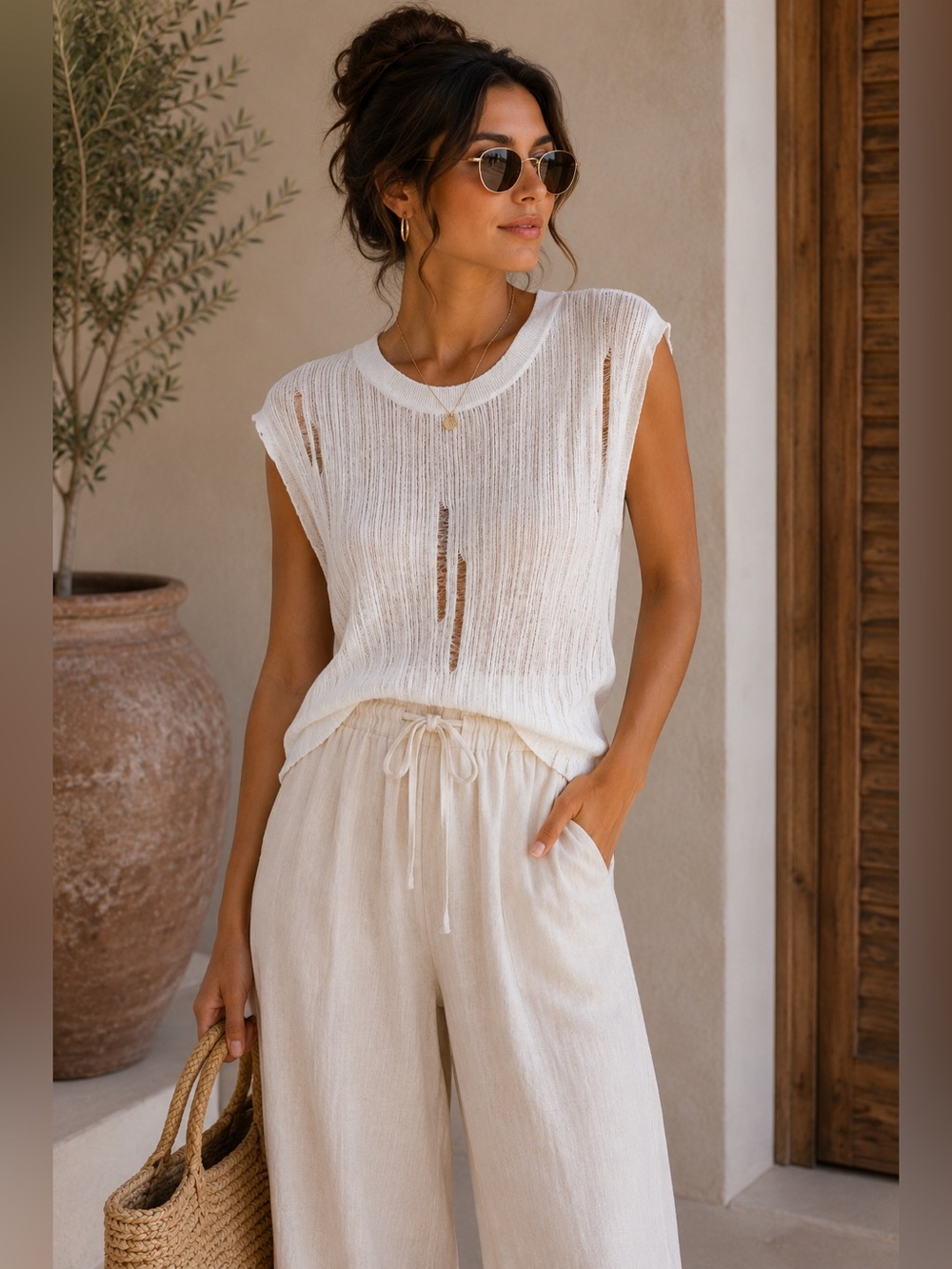Steele Distressed Open Knit Sweater Vest Off White Textured Size M